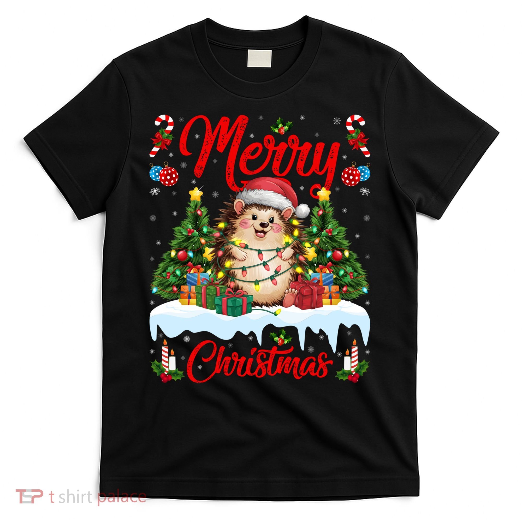 Hedgehog Christmas Hedgehog Xmas Tree Lighting Santa Hat T-Shirt