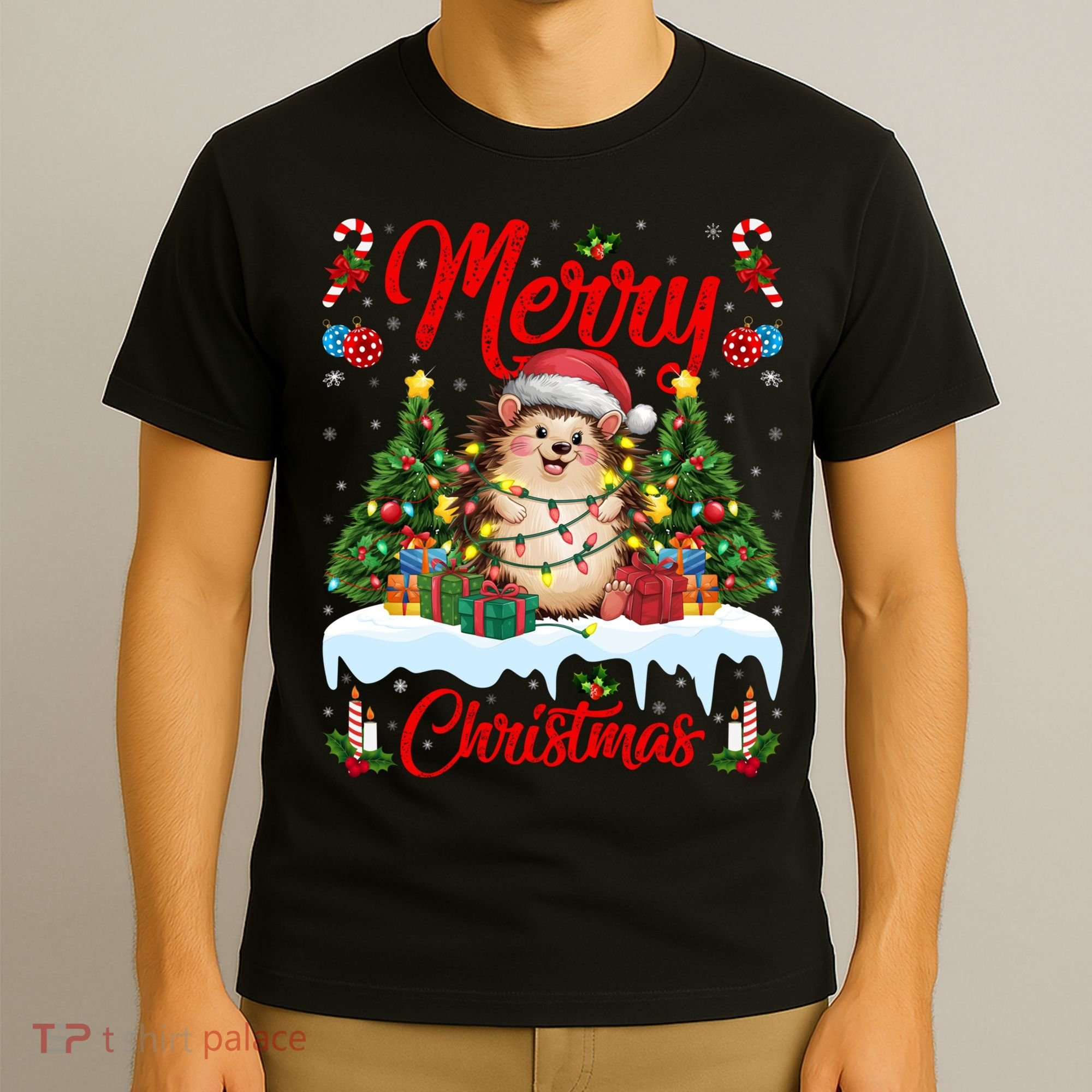 Hedgehog Christmas Hedgehog Xmas Tree Lighting Santa Hat T-Shirt