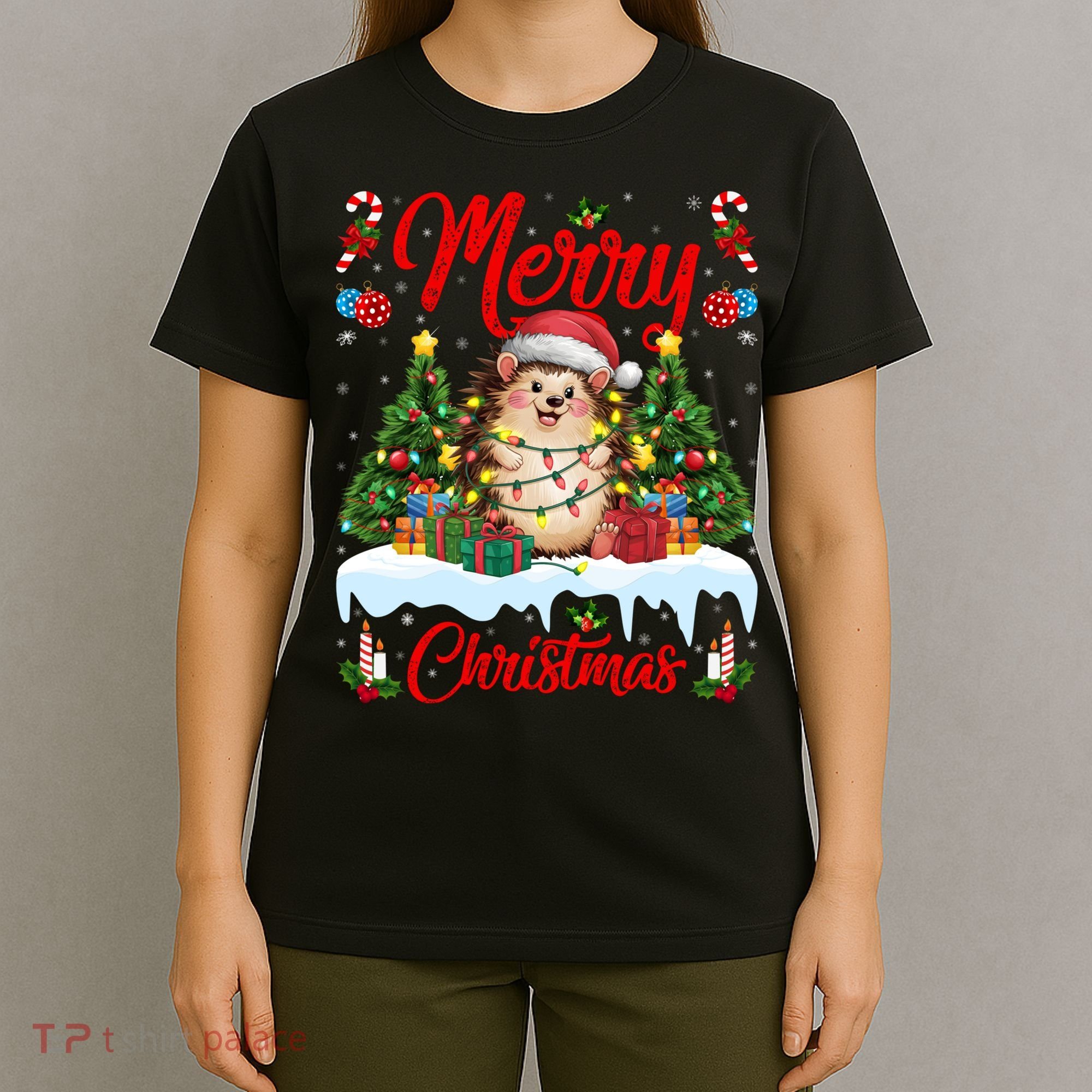 Hedgehog Christmas Hedgehog Xmas Tree Lighting Santa Hat T-Shirt