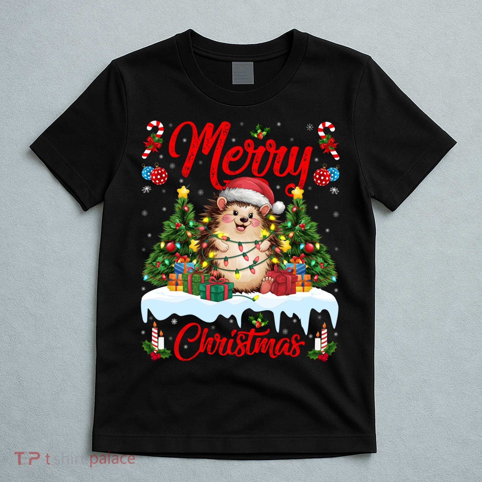 Hedgehog Christmas Hedgehog Xmas Tree Lighting Santa Hat T-Shirt