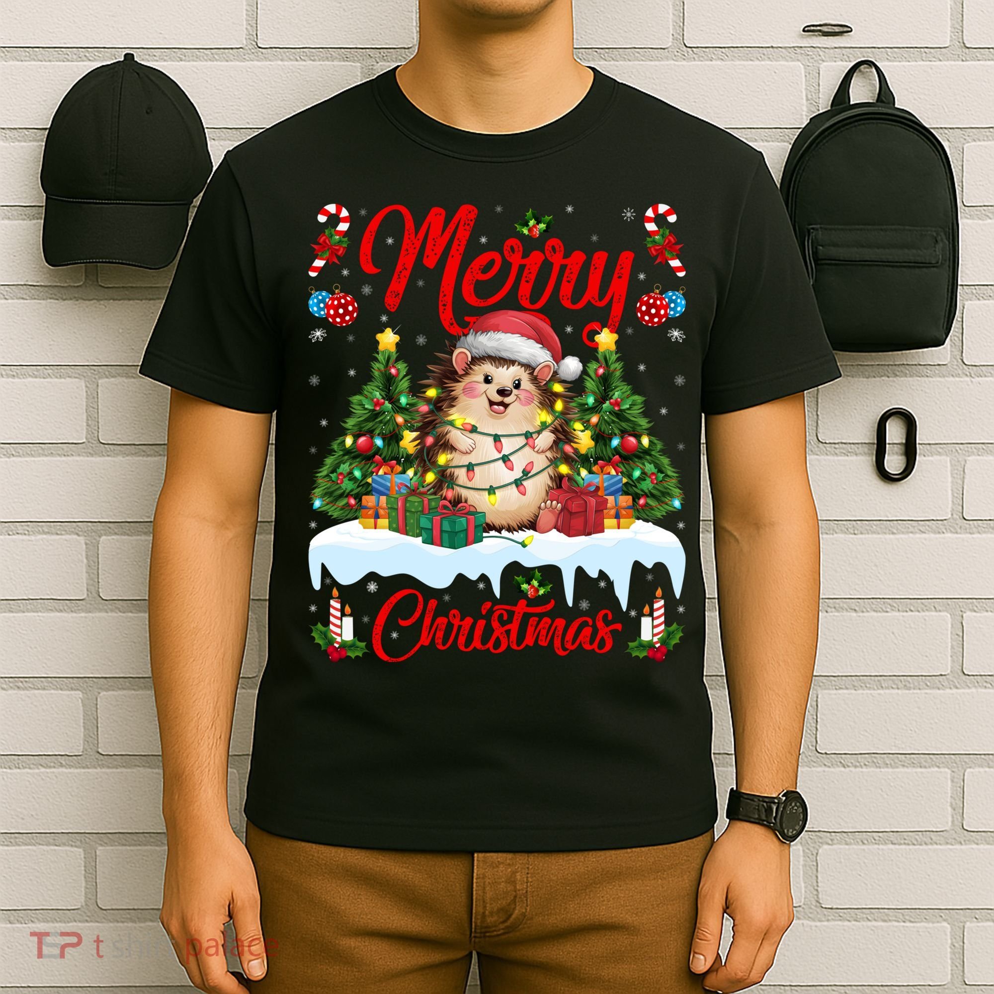 Hedgehog Christmas Hedgehog Xmas Tree Lighting Santa Hat T-Shirt