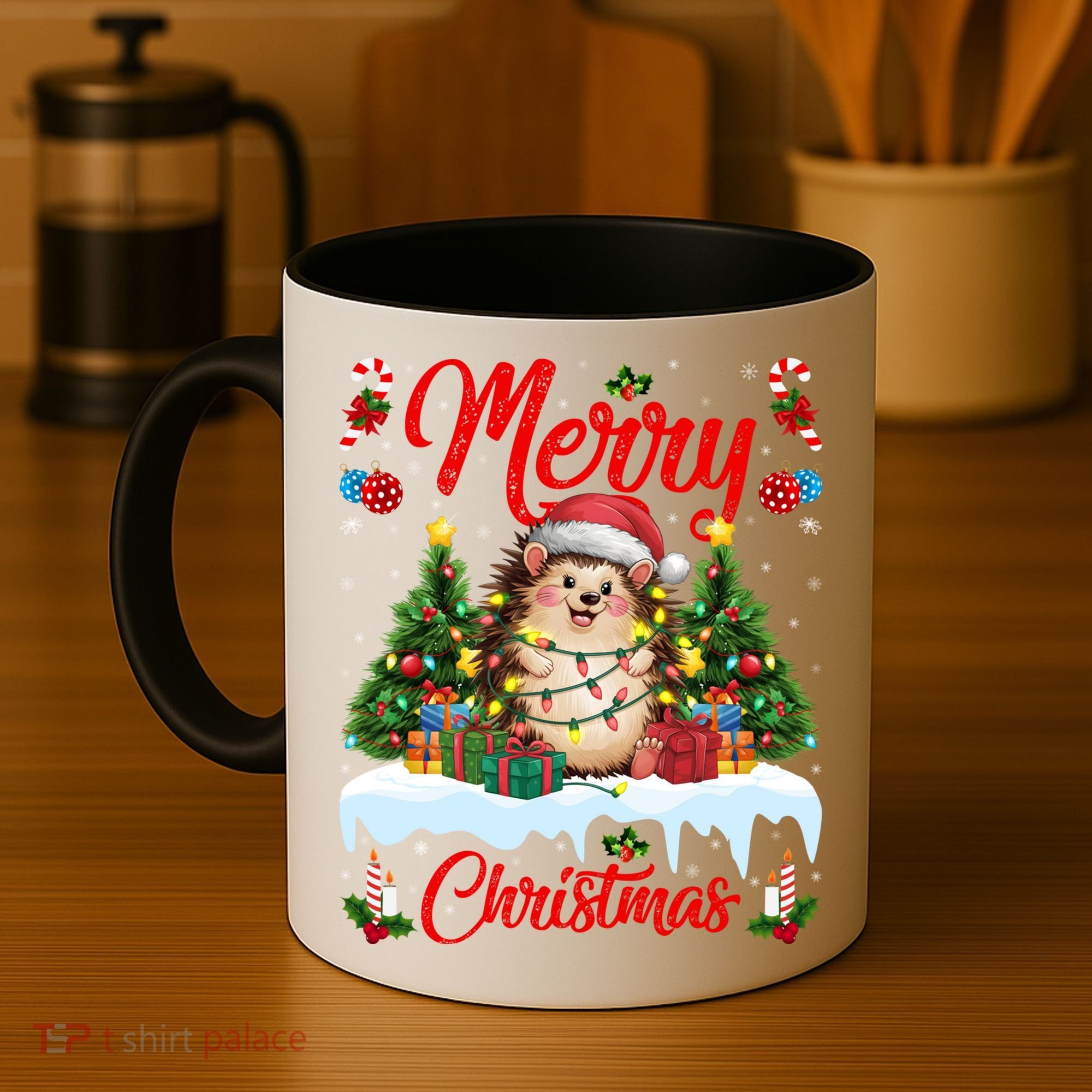 Hedgehog Christmas Hedgehog Xmas Tree Lighting Santa Hat Coffee Mug