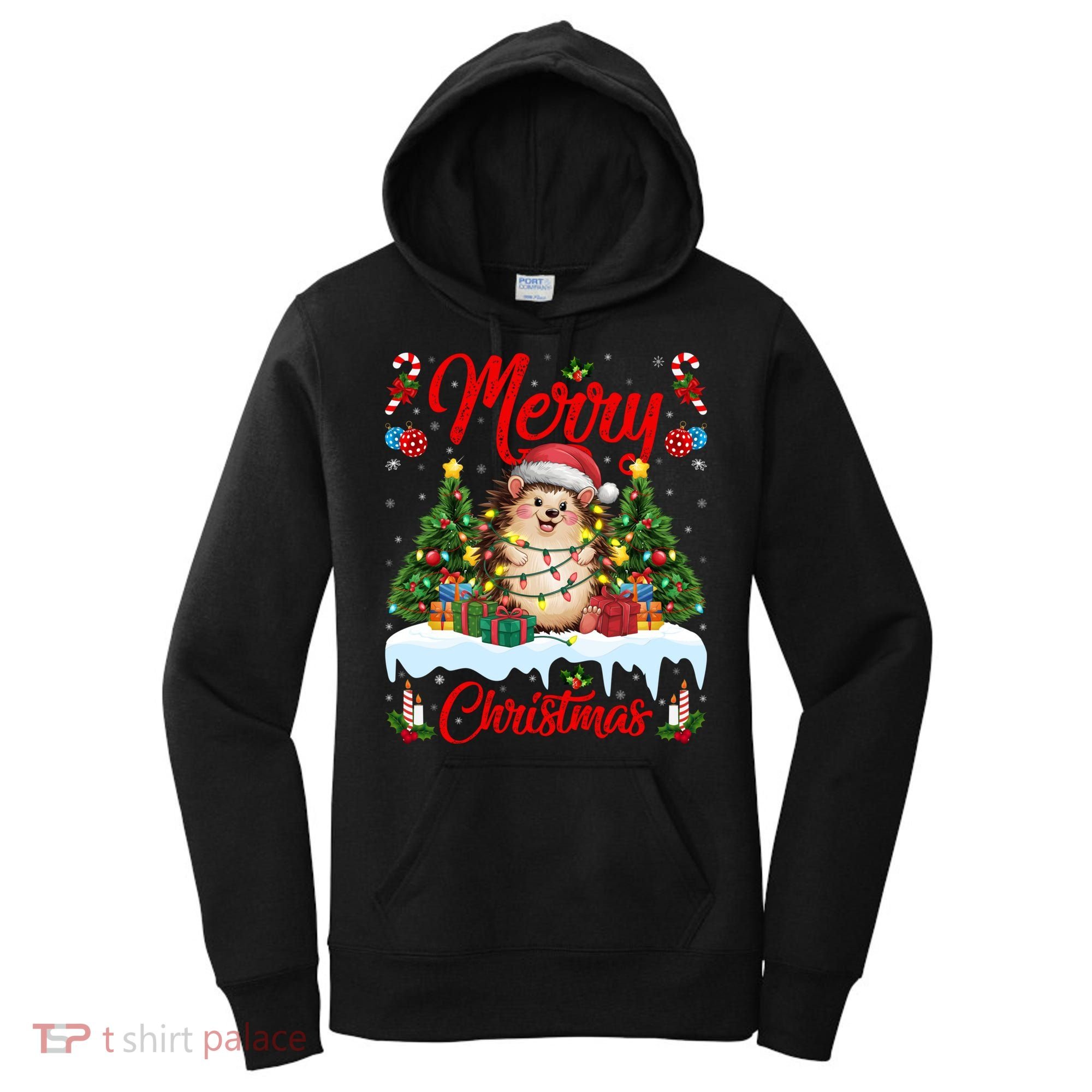 Hedgehog Christmas Hedgehog Xmas Tree Lighting Santa Hat Women's Hoodie