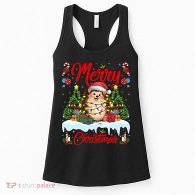 Hedgehog Christmas Hedgehog Xmas Tree Lighting Santa Hat Women's Tank Top
