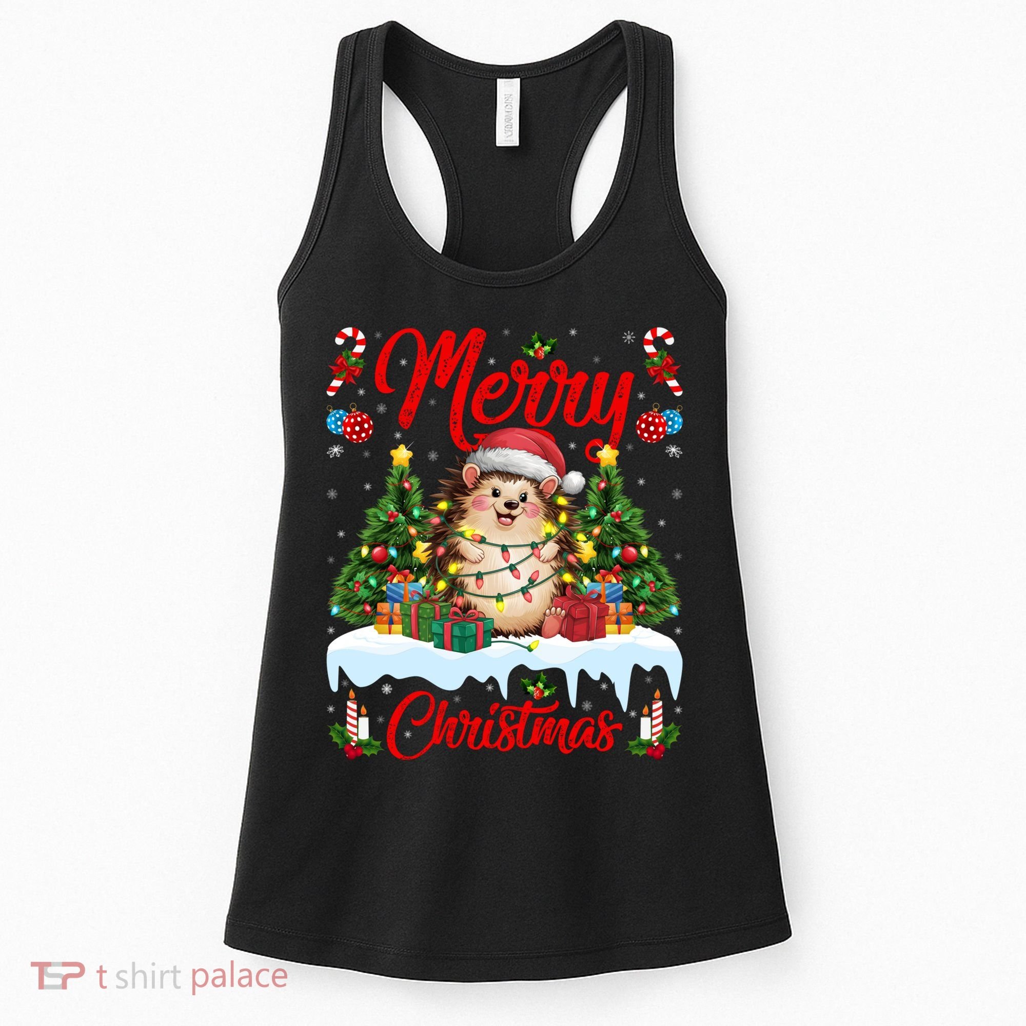 Hedgehog Christmas Hedgehog Xmas Tree Lighting Santa Hat Women's Tank Top