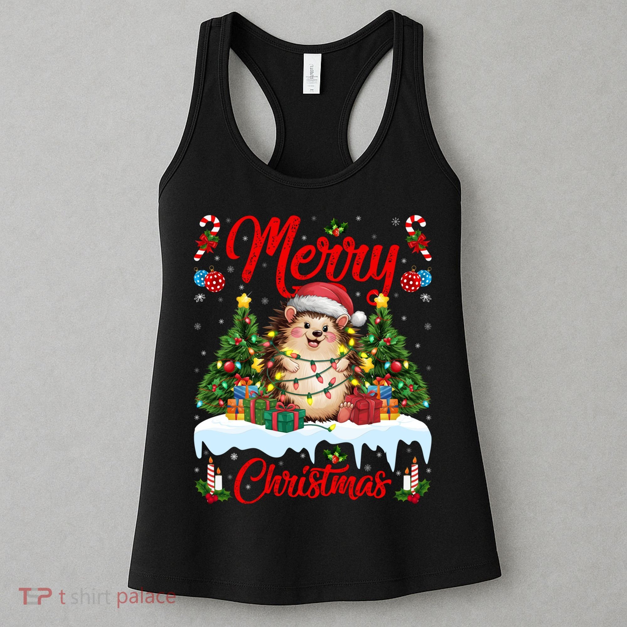 Hedgehog Christmas Hedgehog Xmas Tree Lighting Santa Hat Women's Tank Top
