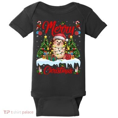 Hedgehog Christmas Hedgehog Xmas Tree Lighting Santa Hat Baby Bodysuit