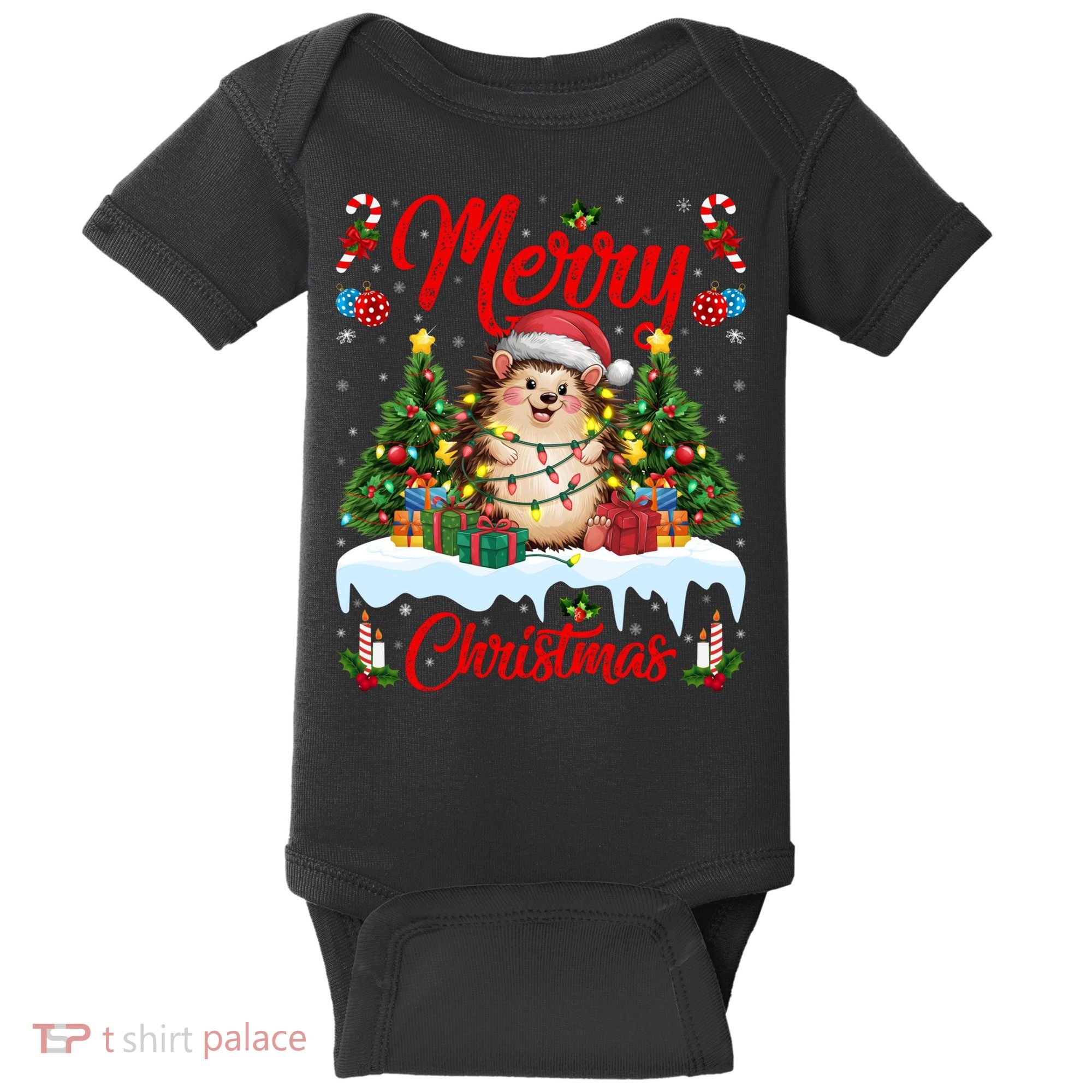 Hedgehog Christmas Hedgehog Xmas Tree Lighting Santa Hat Baby Bodysuit