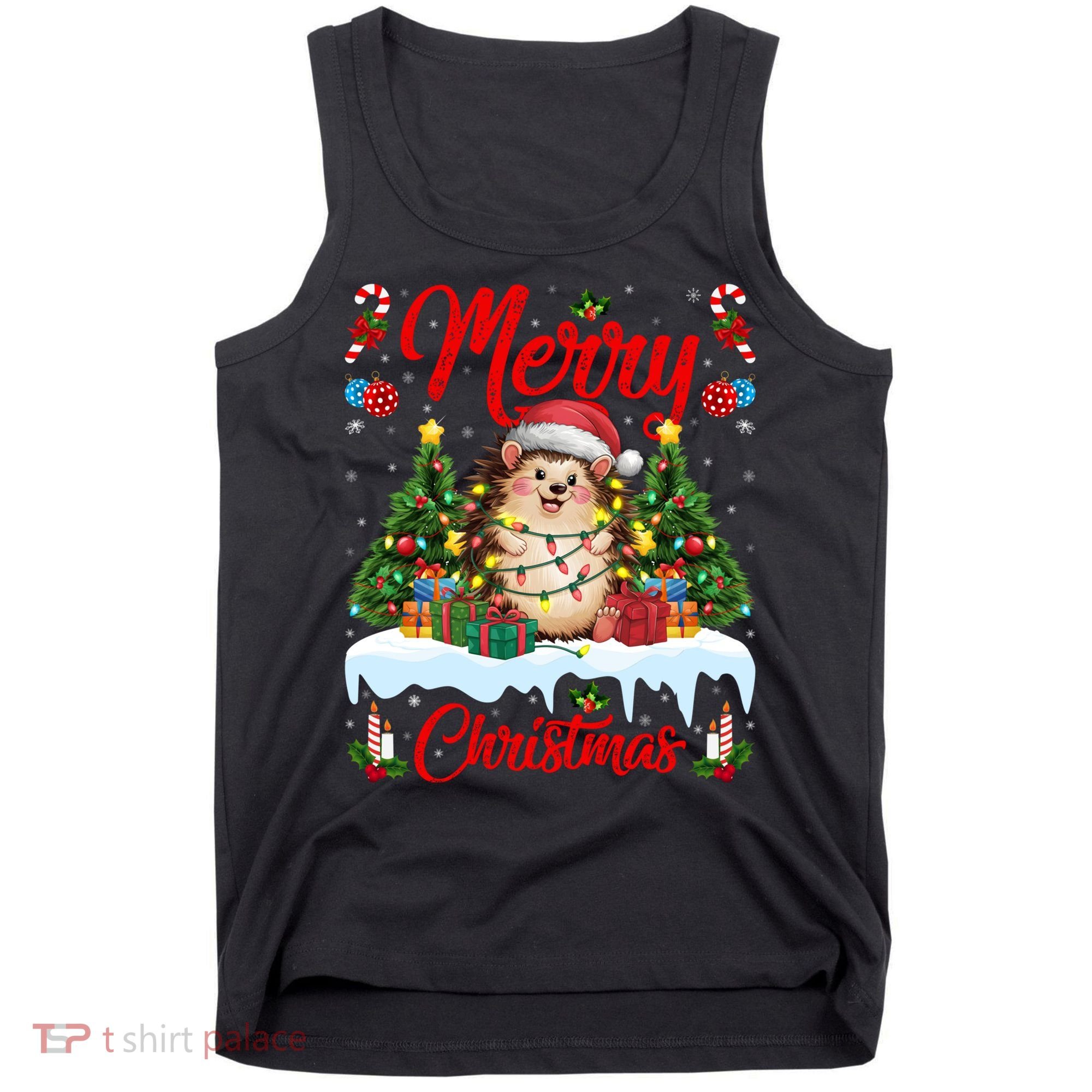Hedgehog Christmas Hedgehog Xmas Tree Lighting Santa Hat Tank Top