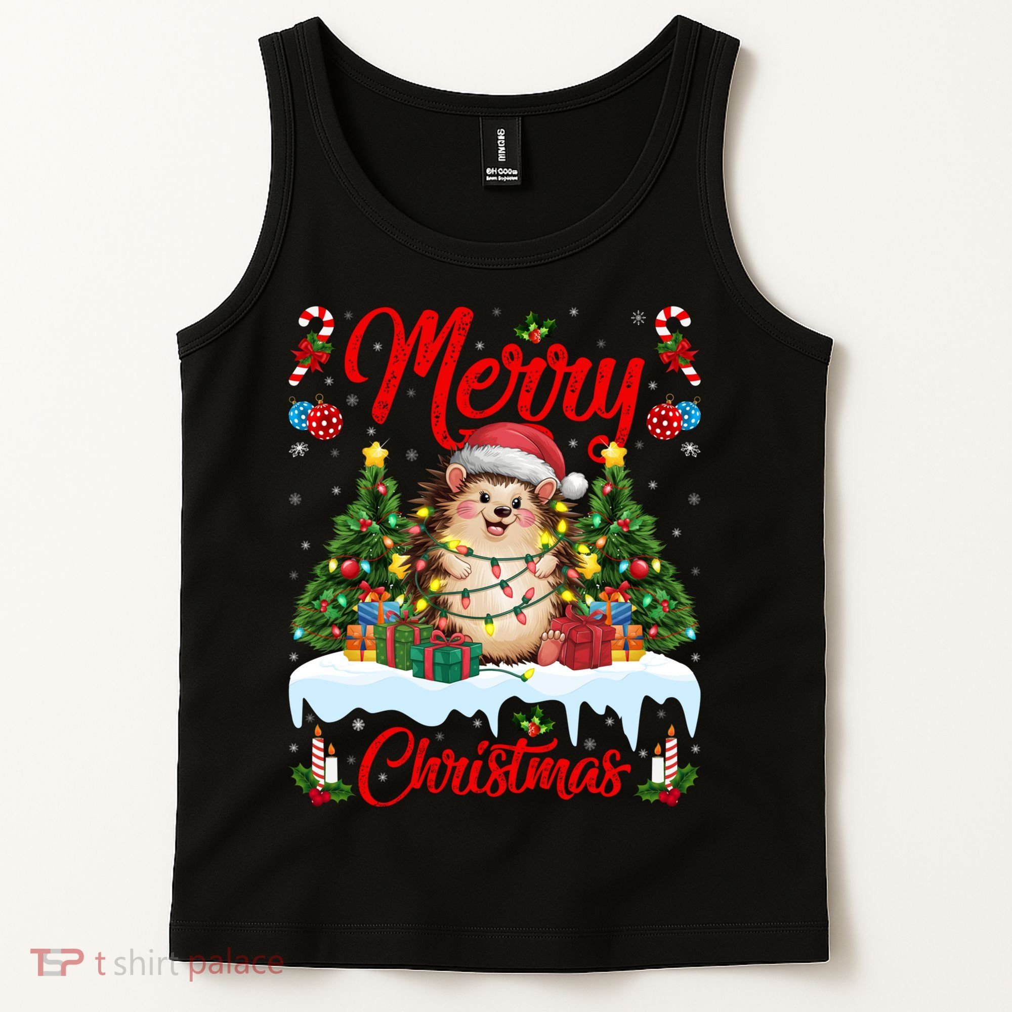 Hedgehog Christmas Hedgehog Xmas Tree Lighting Santa Hat Tank Top