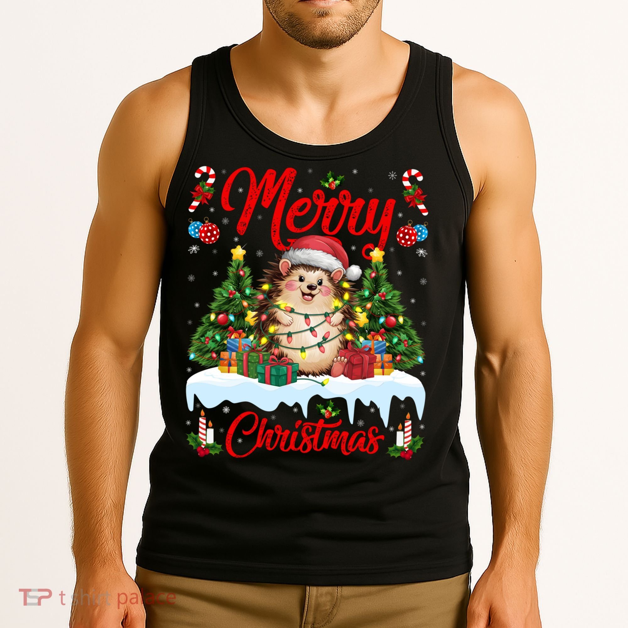 Hedgehog Christmas Hedgehog Xmas Tree Lighting Santa Hat Tank Top