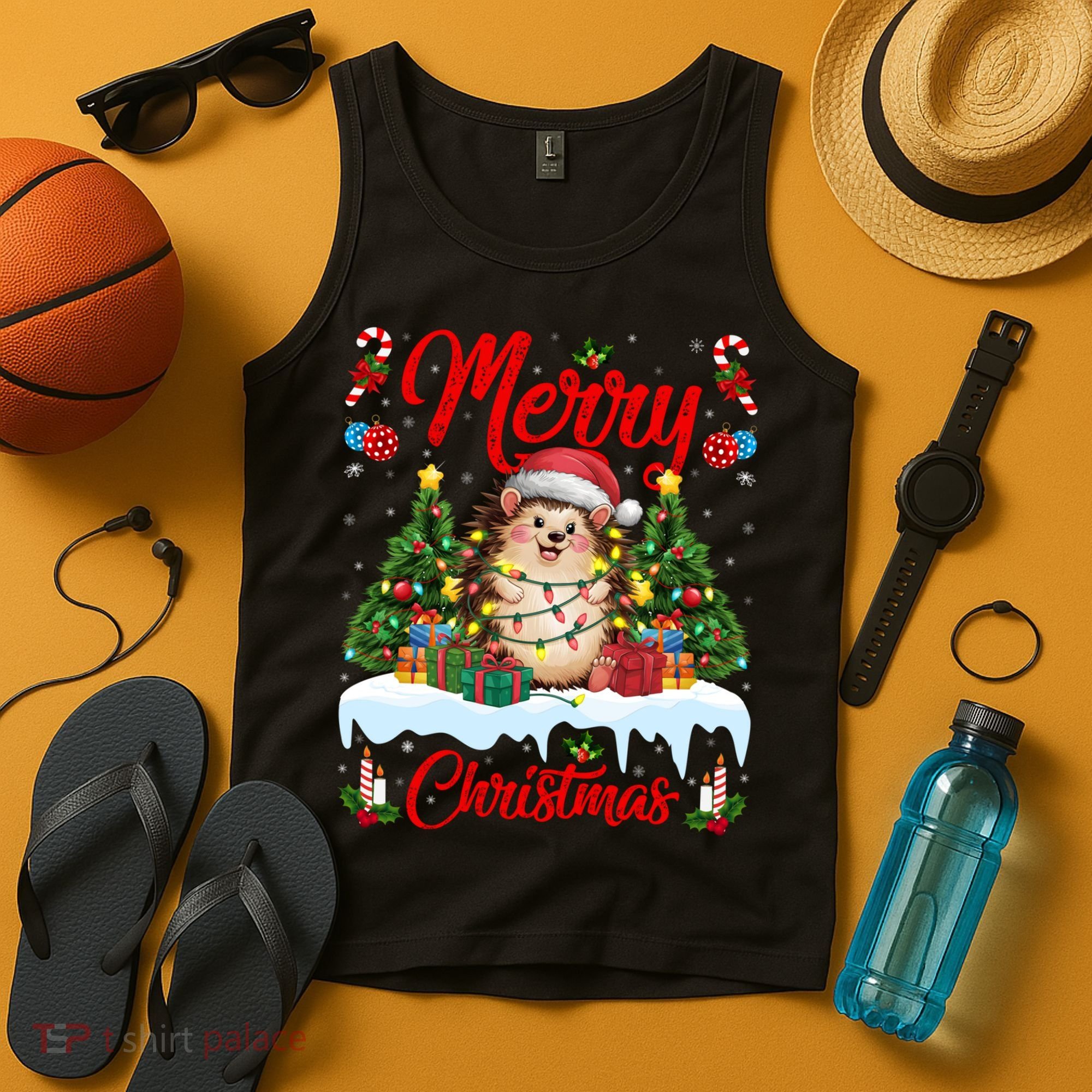 Hedgehog Christmas Hedgehog Xmas Tree Lighting Santa Hat Tank Top