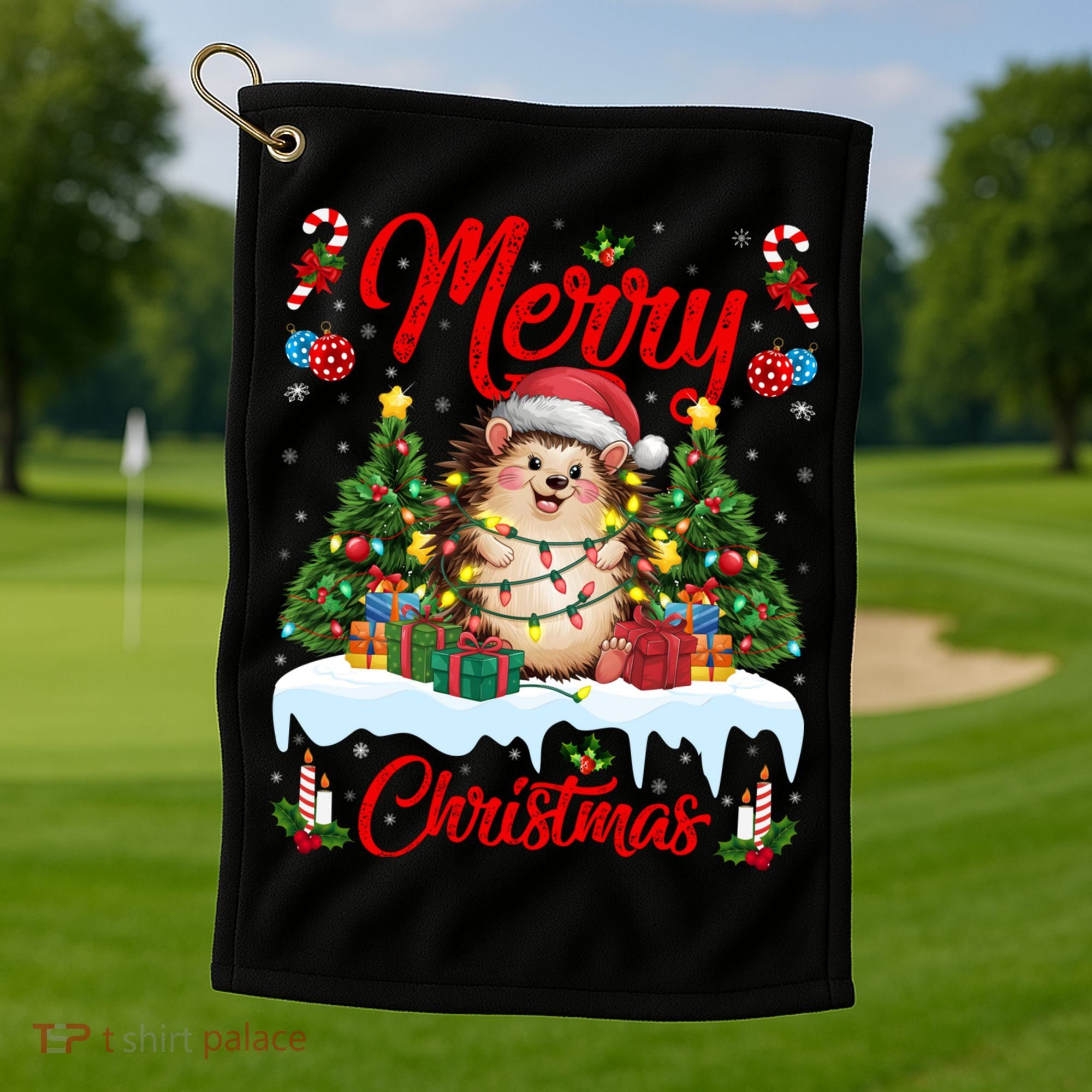 Hedgehog Christmas Hedgehog Xmas Tree Lighting Santa Hat Golf Towel