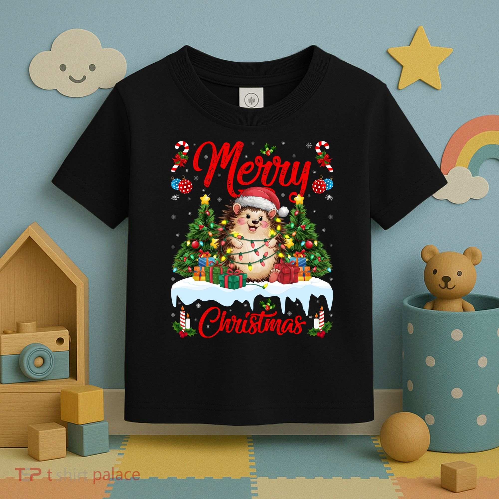 Hedgehog Christmas Hedgehog Xmas Tree Lighting Santa Hat Toddler T-Shirt