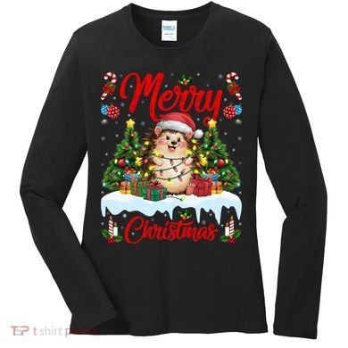 Hedgehog Christmas Hedgehog Xmas Tree Lighting Santa Hat Women's Long Sleeve Shirt