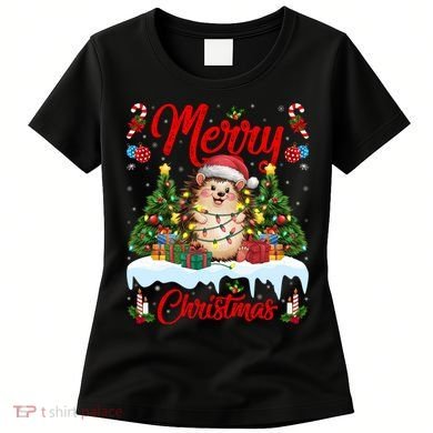 Hedgehog Christmas Hedgehog Xmas Tree Lighting Santa Hat Women's T-Shirt