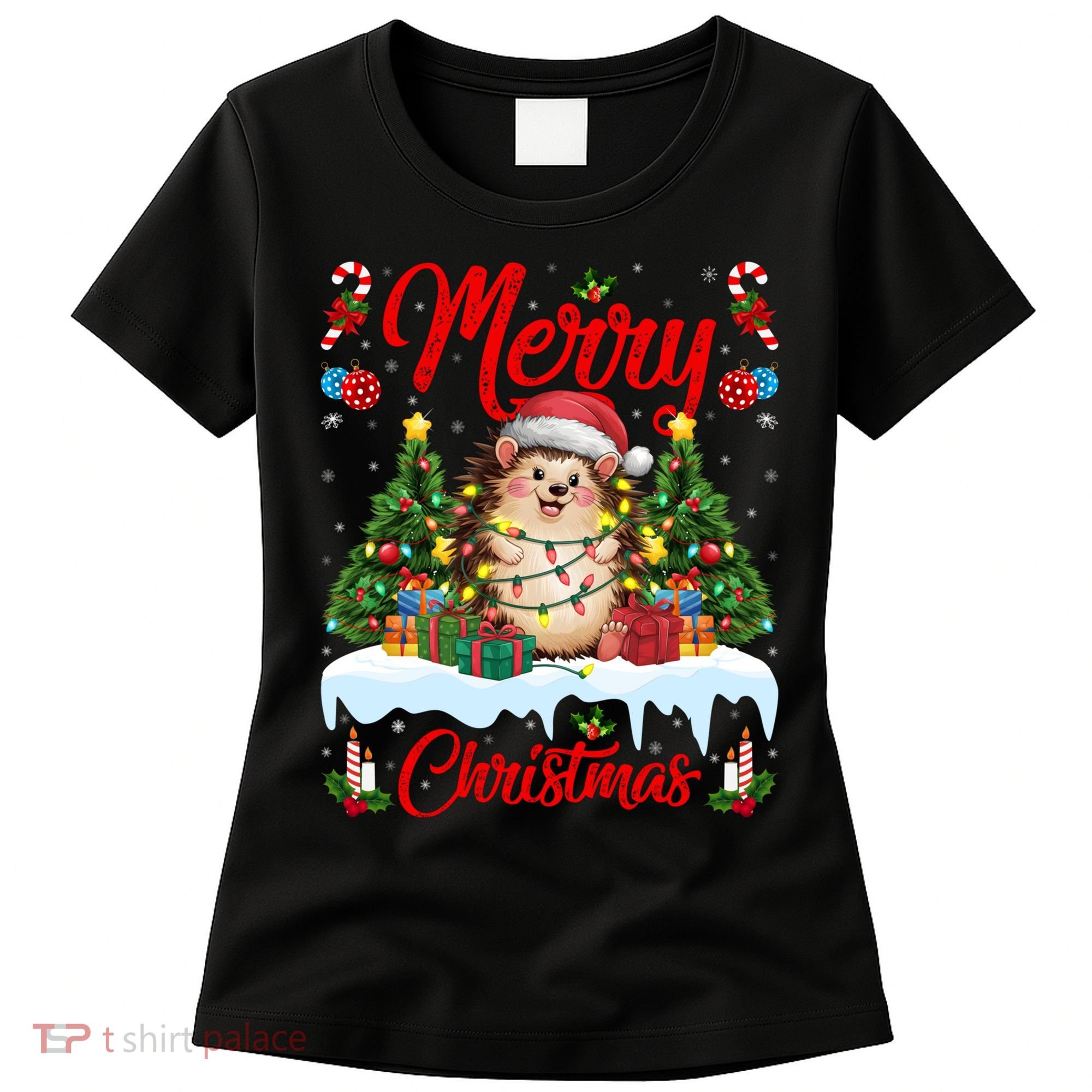 Hedgehog Christmas Hedgehog Xmas Tree Lighting Santa Hat Women's T-Shirt