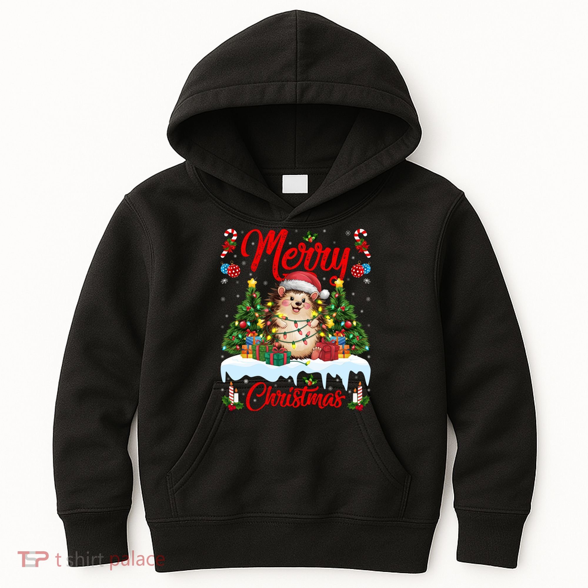 Hedgehog Christmas Hedgehog Xmas Tree Lighting Santa Hat Kids Hoodie