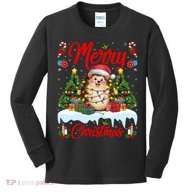 Hedgehog Christmas Hedgehog Xmas Tree Lighting Santa Hat Kids Long Sleeve Shirt