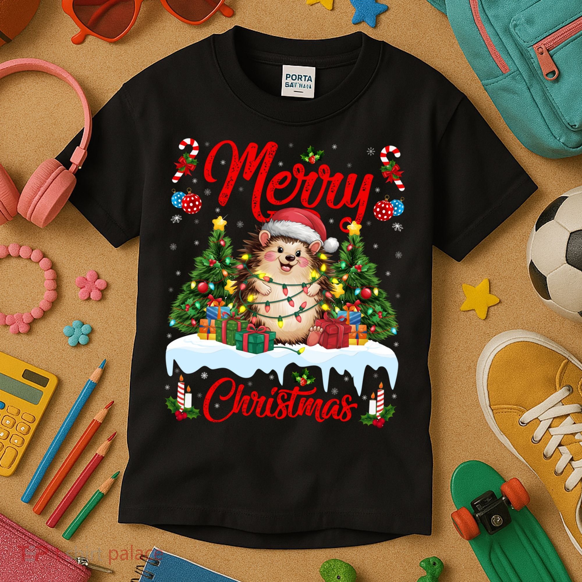 Hedgehog Christmas Hedgehog Xmas Tree Lighting Santa Hat Kids T-Shirt