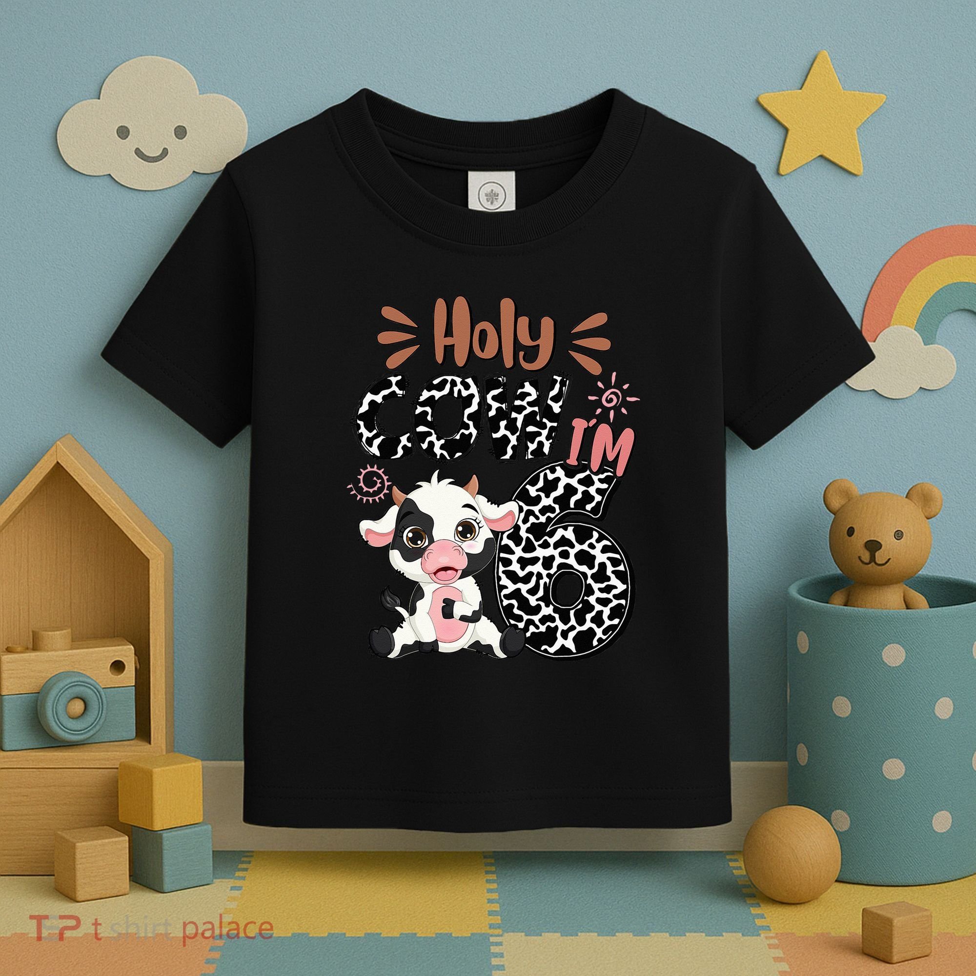 Holy Cow I'm 6 Birthday 6th Cow Farm Animals Bday Toddler T-Shirt