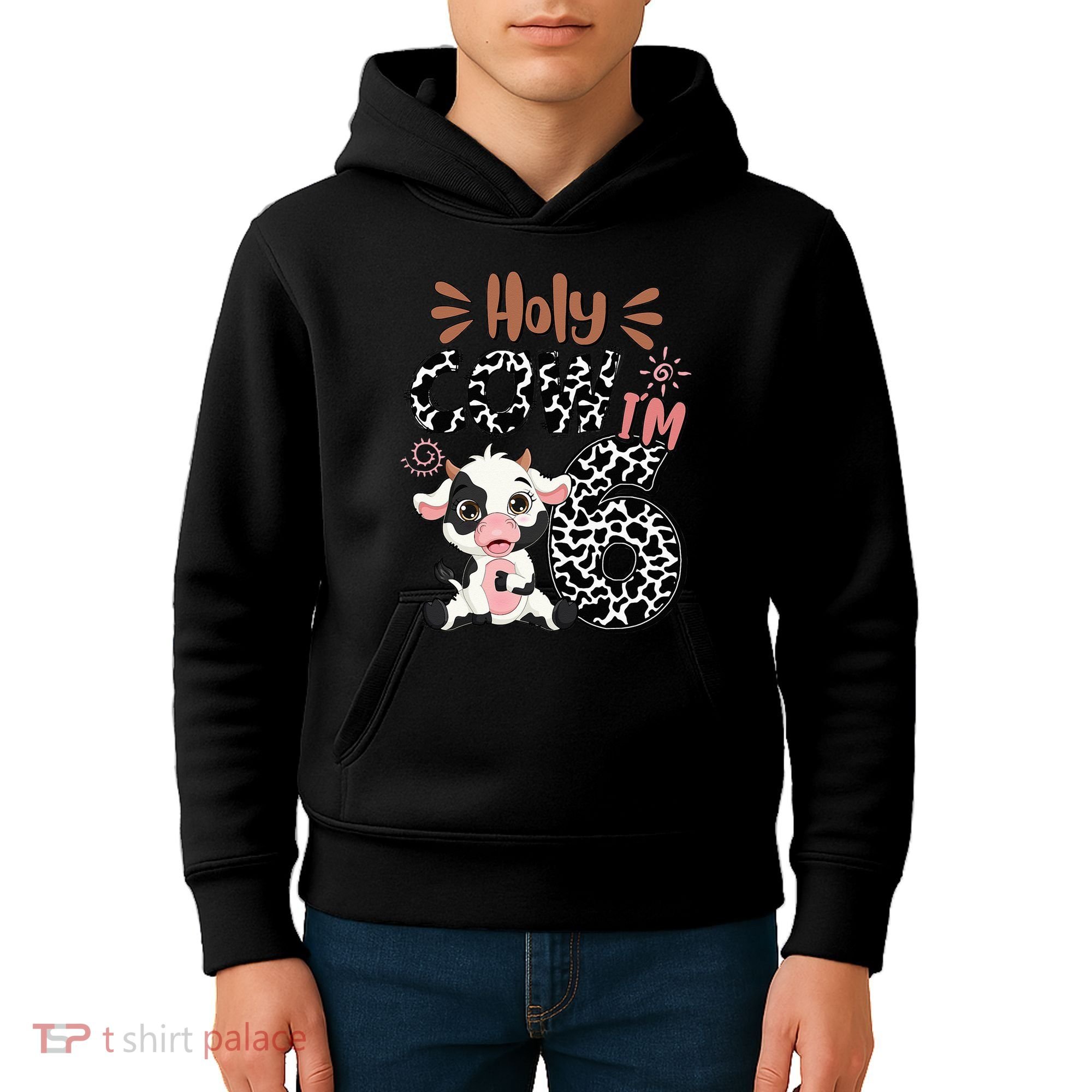 Holy Cow I'm 6 Birthday 6th Cow Farm Animals Bday Kids Hoodie