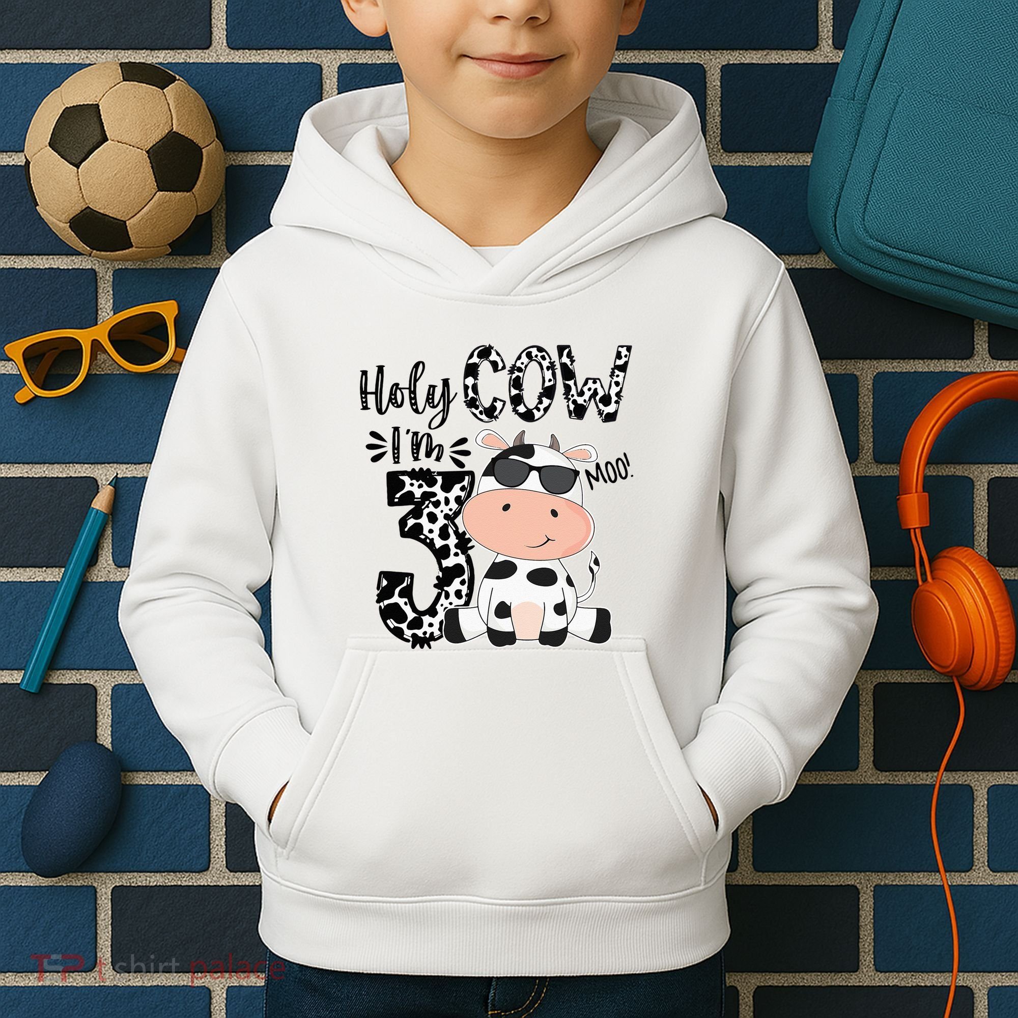 Holy Cow Im 3 Birthday Boy 3rd Cow Farm Animals Bday Kids Hoodie