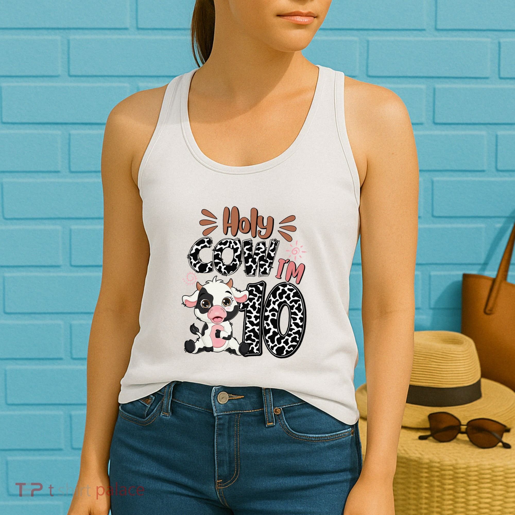 Holy Cow I'm 10 Birthday 10th Cow Farm Animals Bday Women's Tank Top