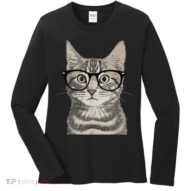 Hipster Cat Kitten Spectacles Eye Glasses Funny Cute Women's Long Sleeve Shirt