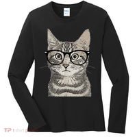 Hipster Cat Kitten Spectacles Eye Glasses Funny Cute Women's Long Sleeve Shirt thumb 0