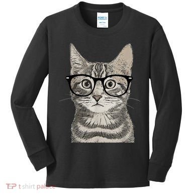 Hipster Cat Kitten Spectacles Eye Glasses Funny Cute Kids Long Sleeve Shirt