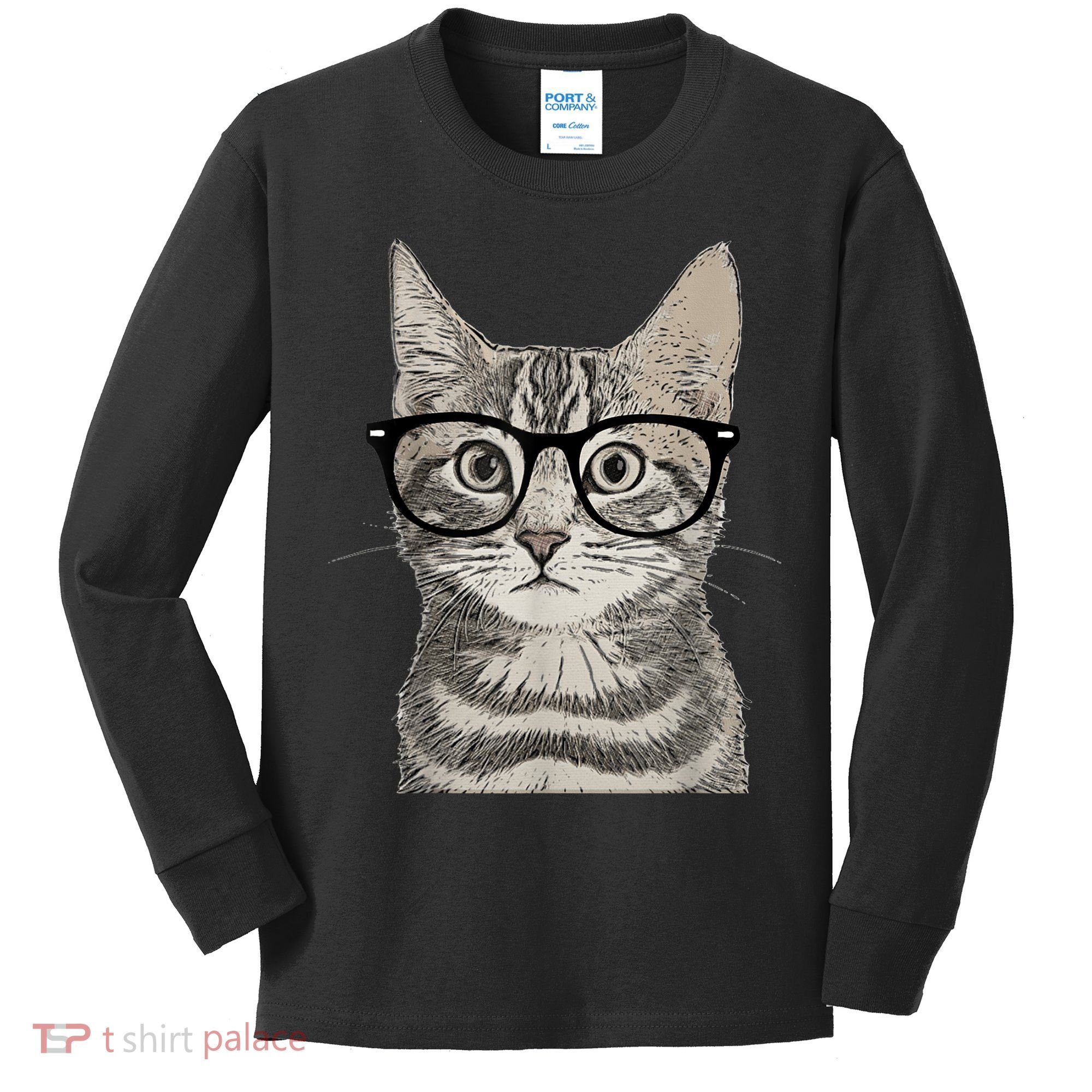 Hipster Cat Kitten Spectacles Eye Glasses Funny Cute Kids Long Sleeve Shirt