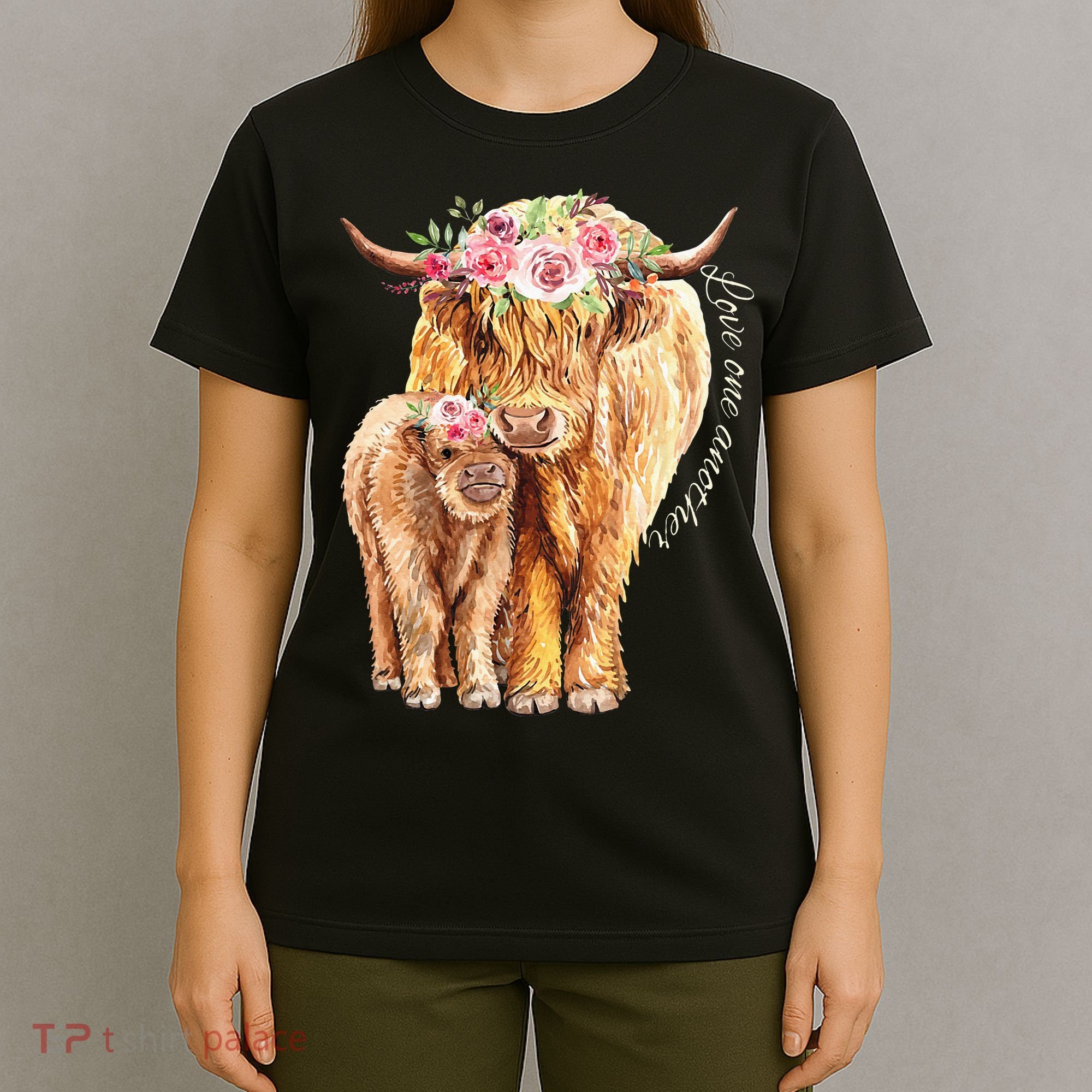 Highland Cattle Lover Cow Calf Farm Love One Another Cute T-Shirt