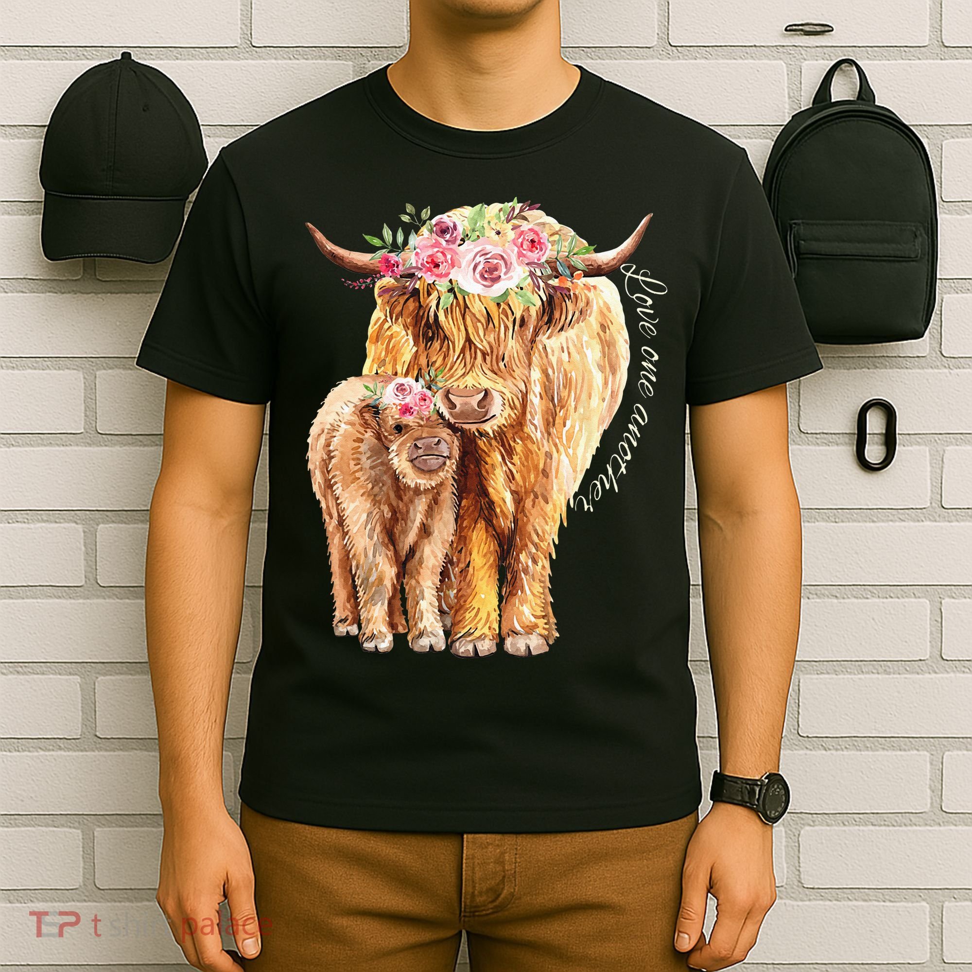 Highland Cattle Lover Cow Calf Farm Love One Another Cute T-Shirt