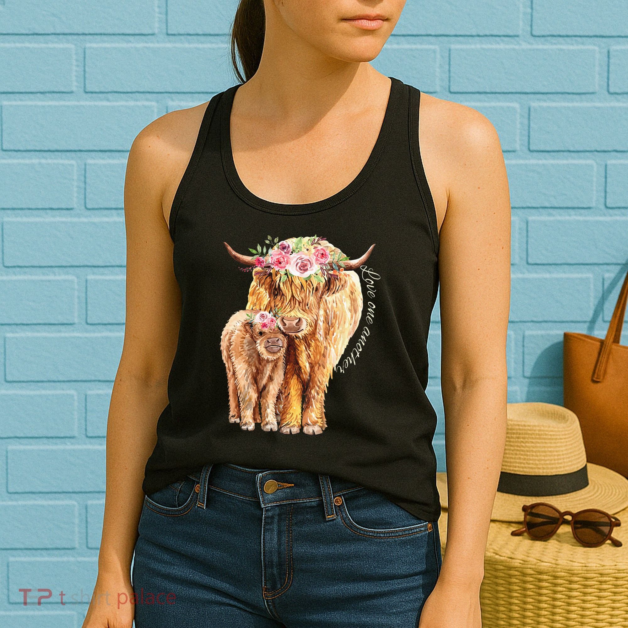Highland Cattle Lover Cow Calf Farm Love One Another Cute Women's Tank Top