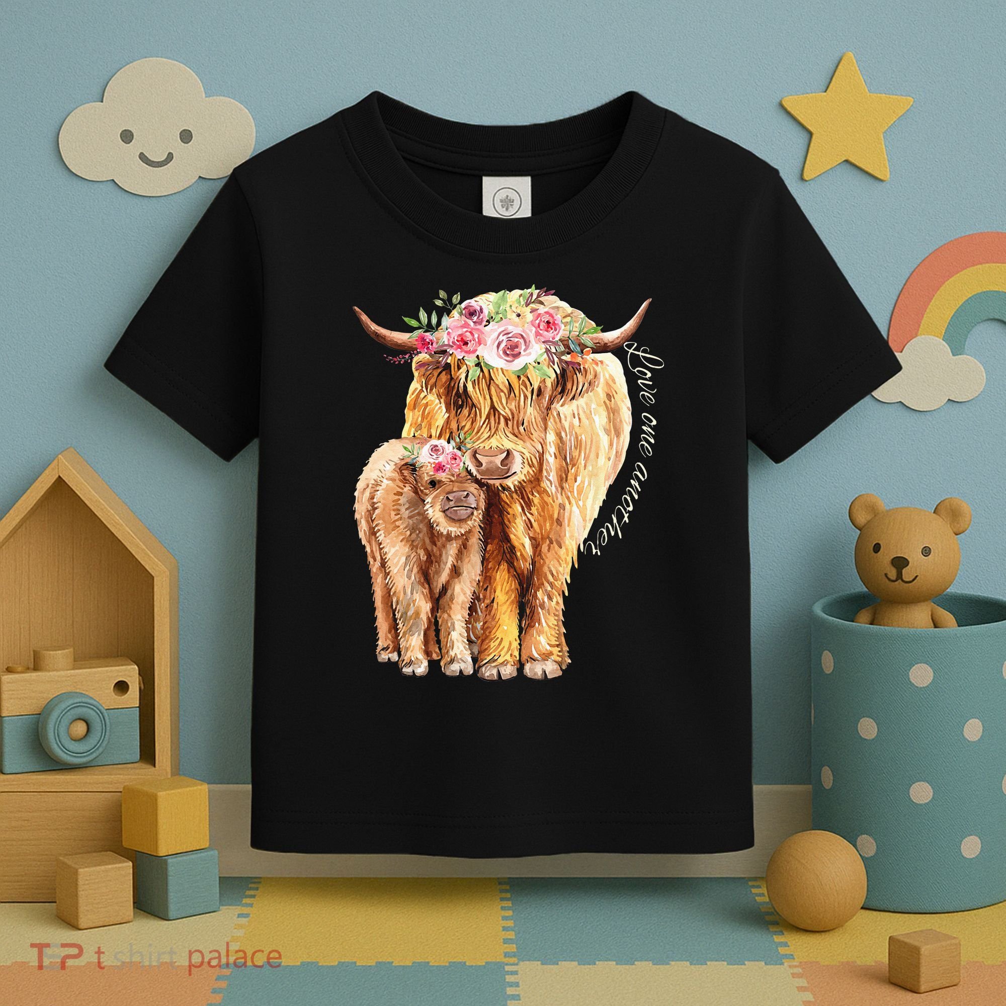 Highland Cattle Lover Cow Calf Farm Love One Another Cute Toddler T-Shirt