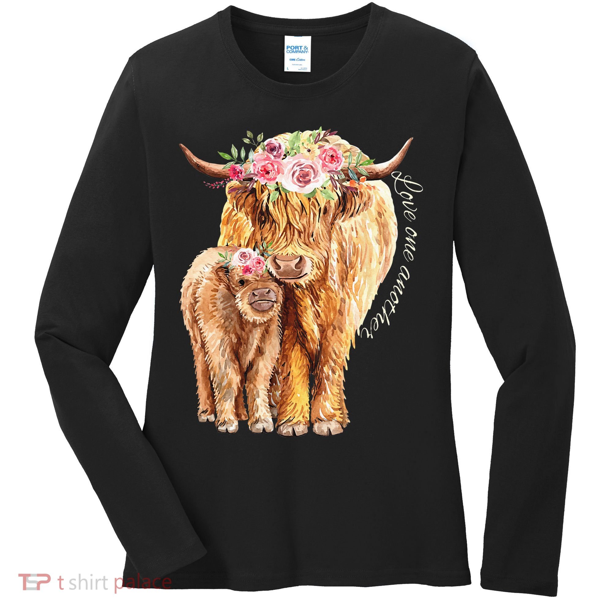 Highland Cattle Lover Cow Calf Farm Love One Another Cute Women's Long Sleeve Shirt