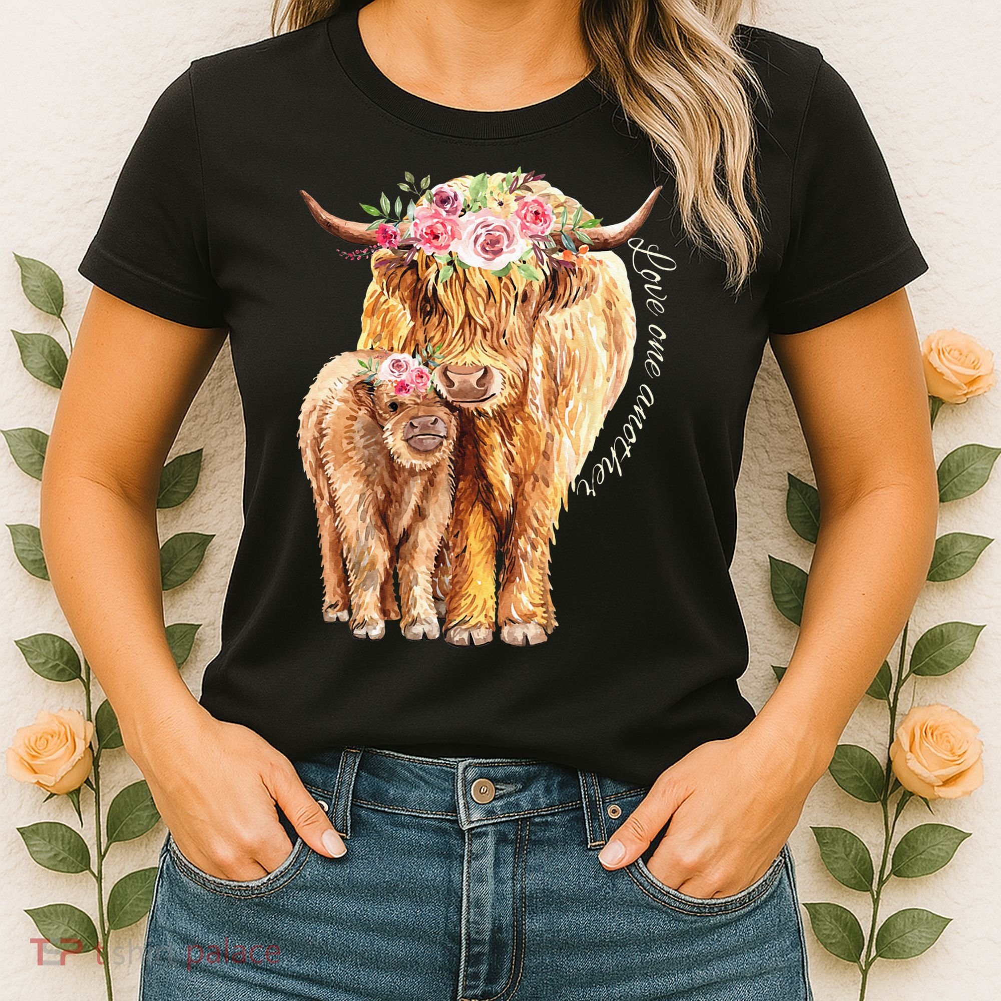 Highland Cattle Lover Cow Calf Farm Love One Another Cute Women's T-Shirt