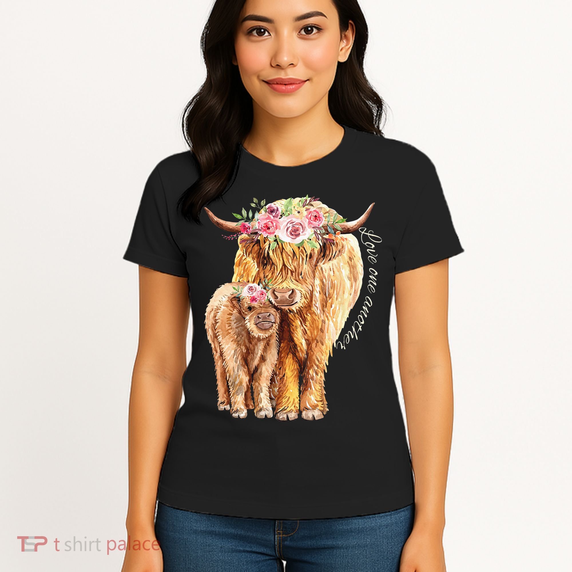 Highland Cattle Lover Cow Calf Farm Love One Another Cute Women's T-Shirt