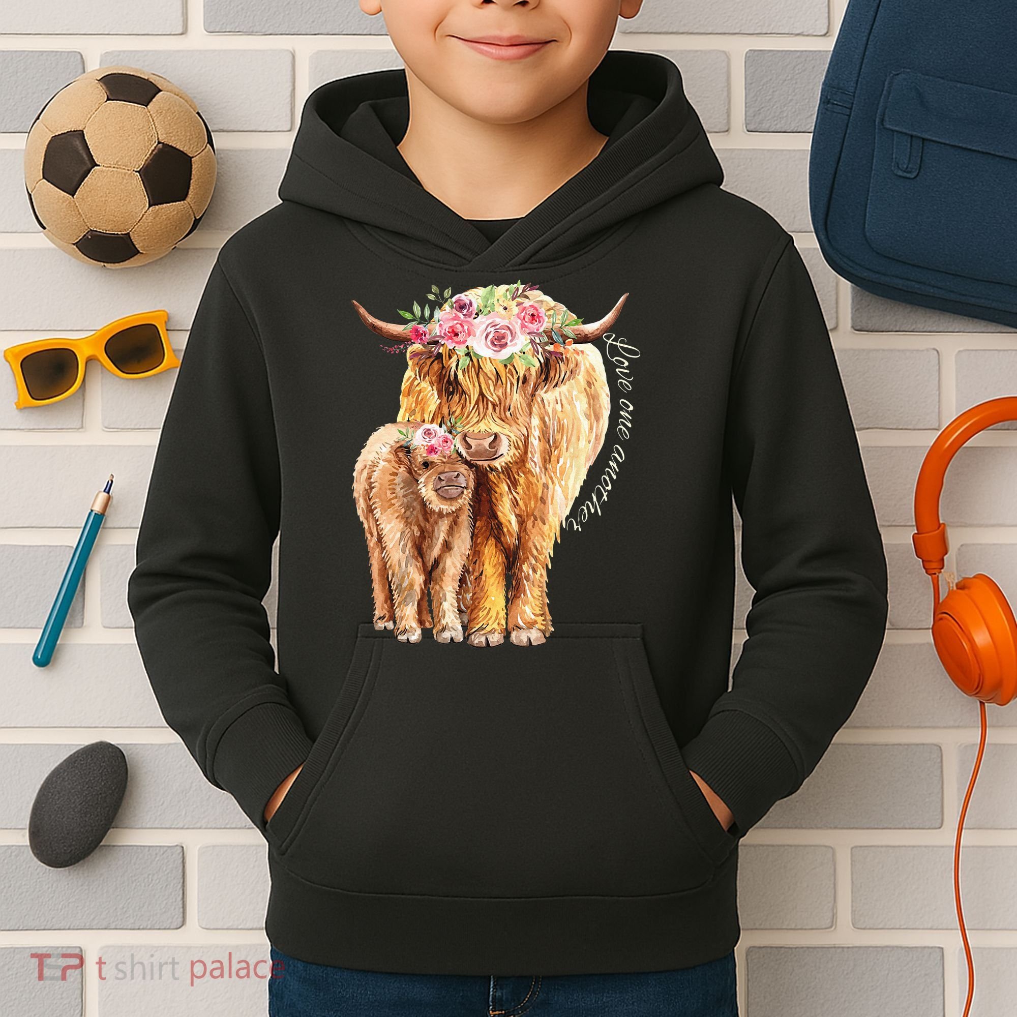 Highland Cattle Lover Cow Calf Farm Love One Another Cute Kids Hoodie