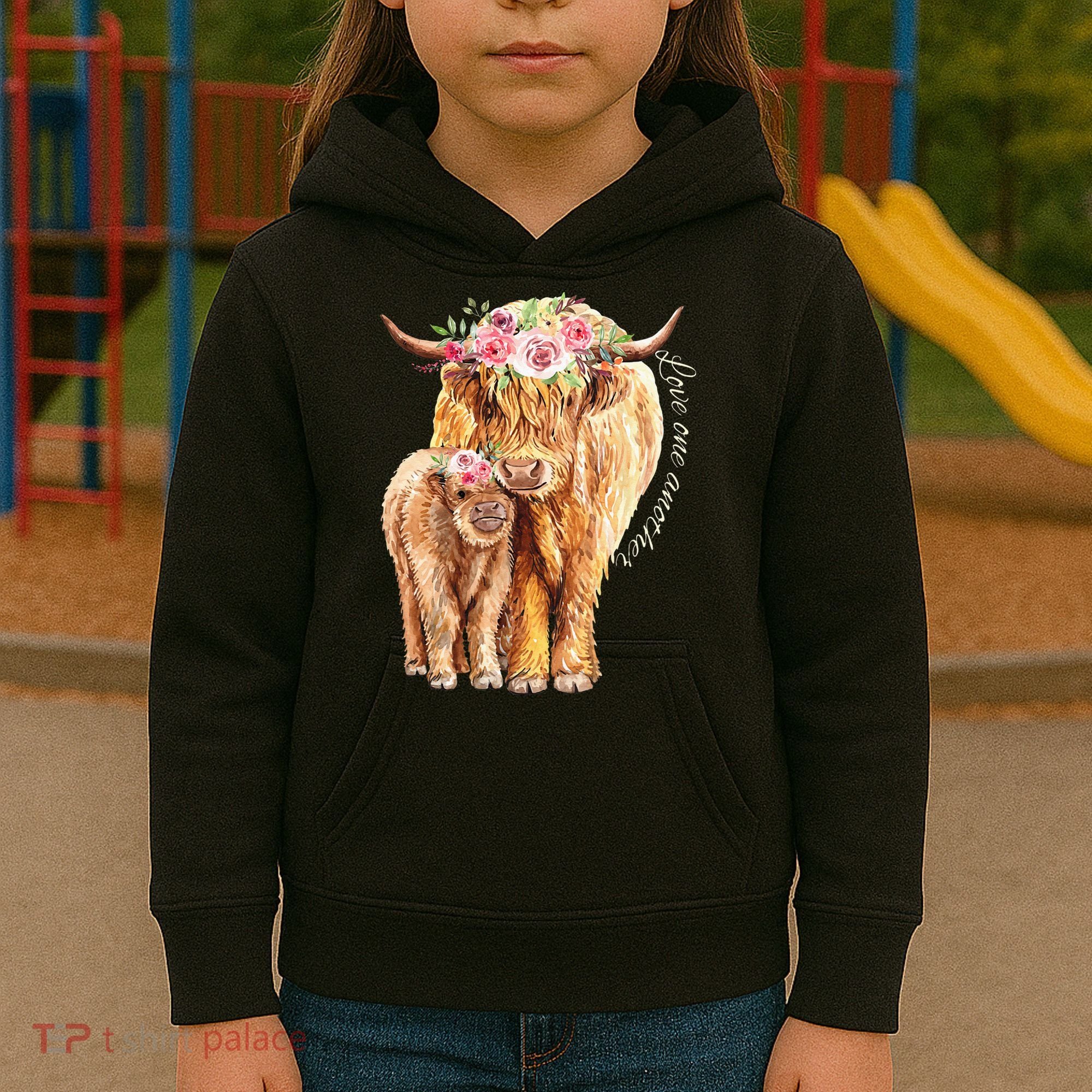 Highland Cattle Lover Cow Calf Farm Love One Another Cute Kids Hoodie