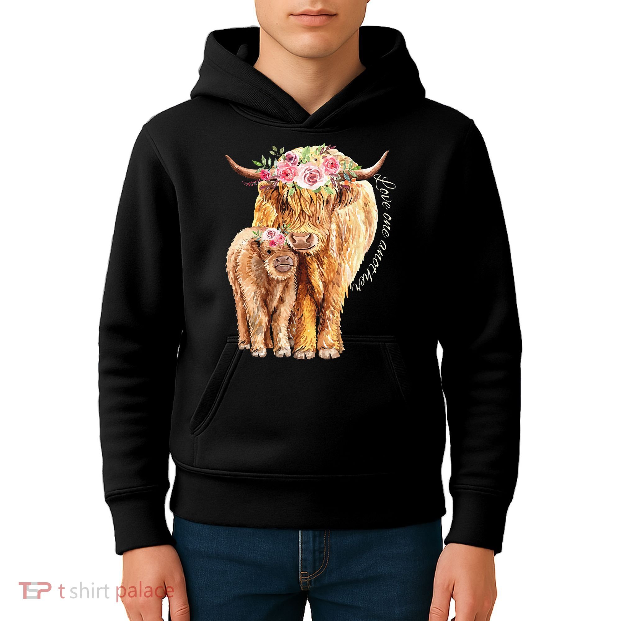 Highland Cattle Lover Cow Calf Farm Love One Another Cute Kids Hoodie