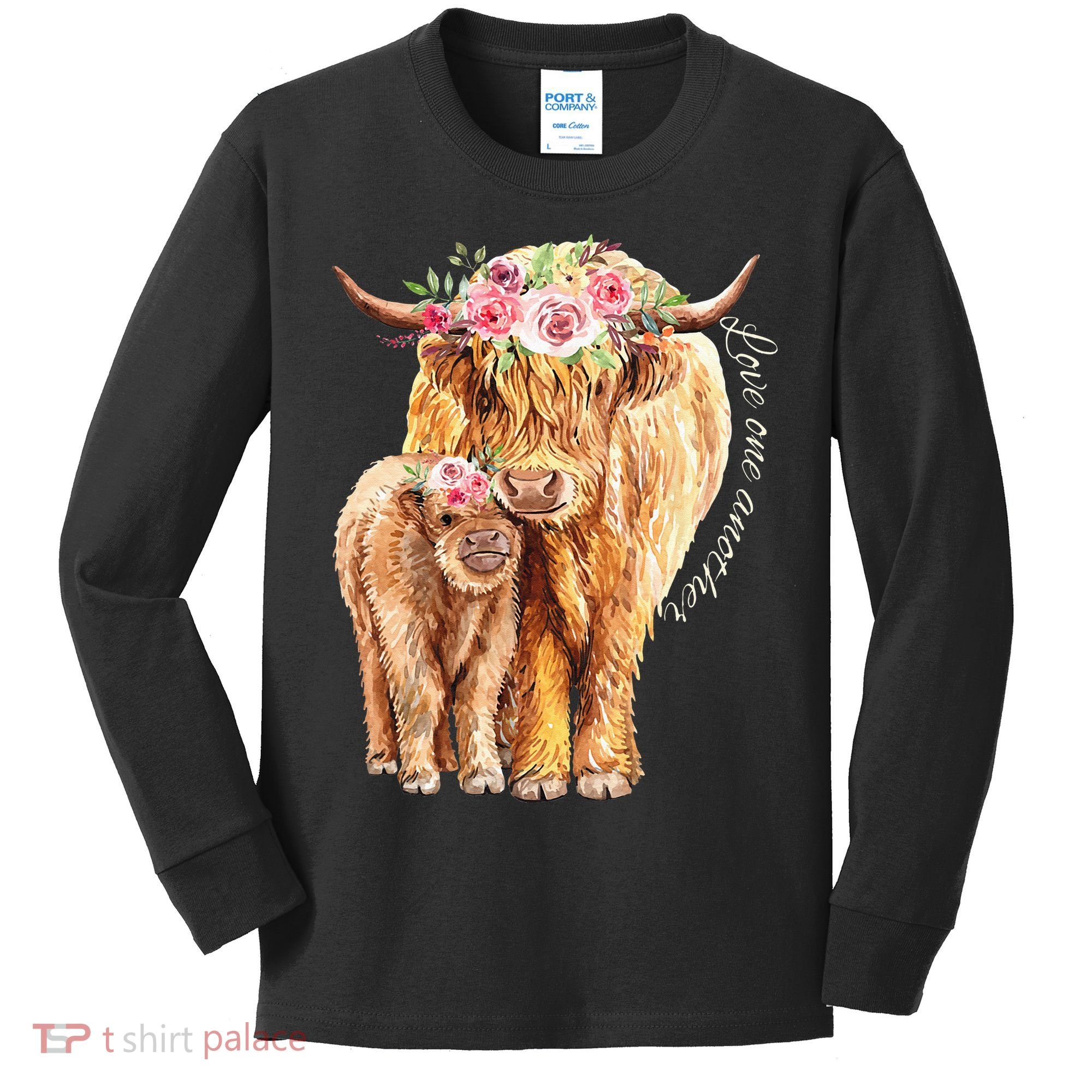 Highland Cattle Lover Cow Calf Farm Love One Another Cute Kids Long Sleeve Shirt
