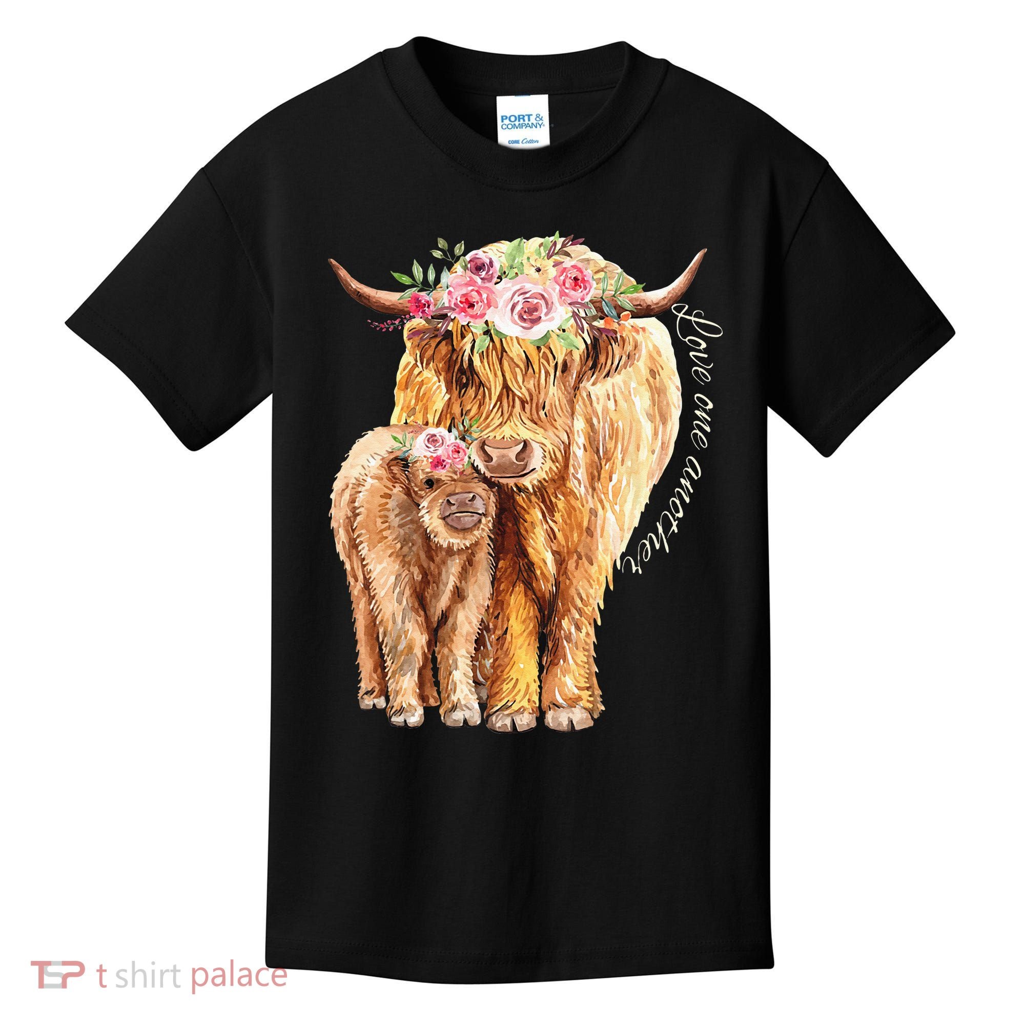 Highland Cattle Lover Cow Calf Farm Love One Another Cute Kids T-Shirt