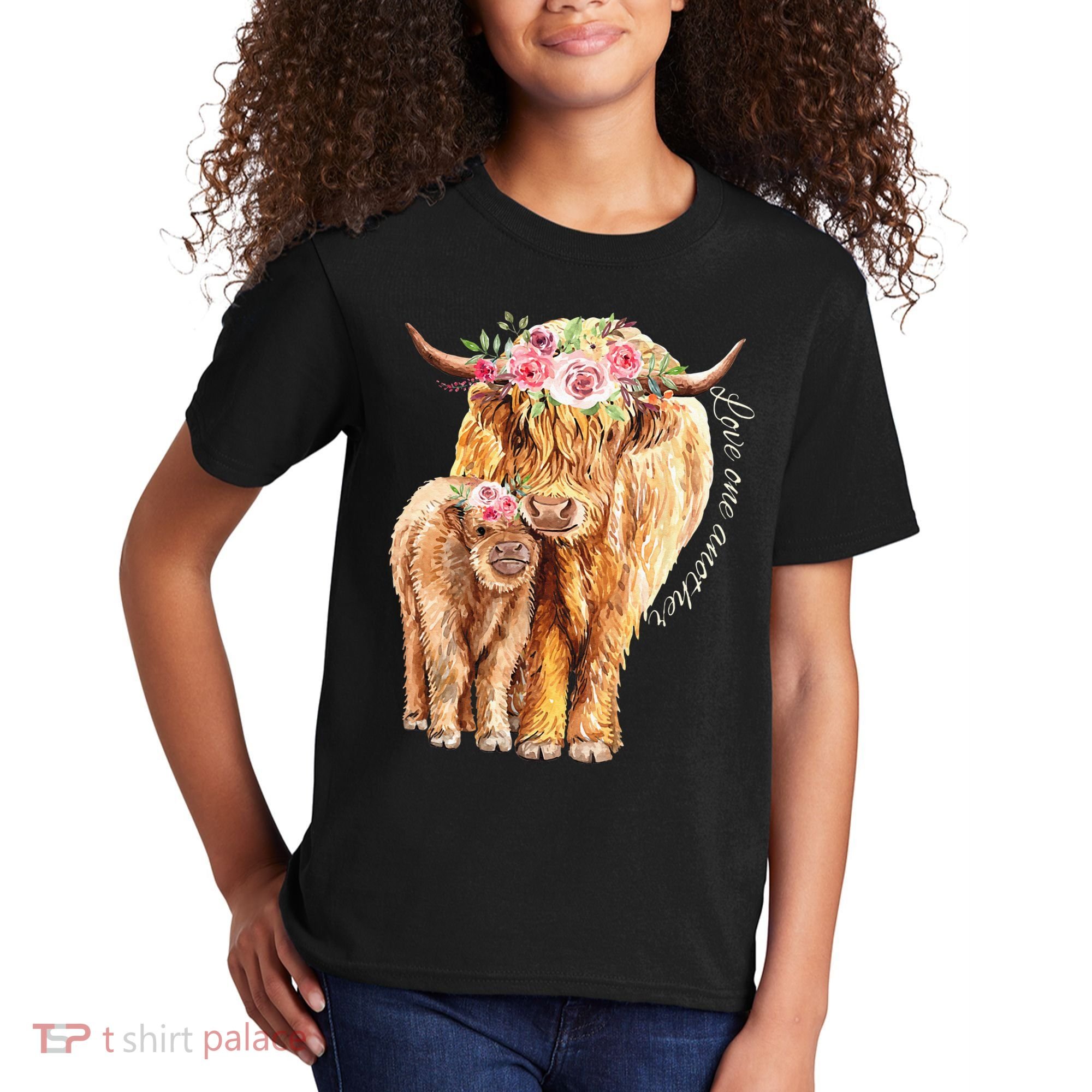 Highland Cattle Lover Cow Calf Farm Love One Another Cute Kids T-Shirt