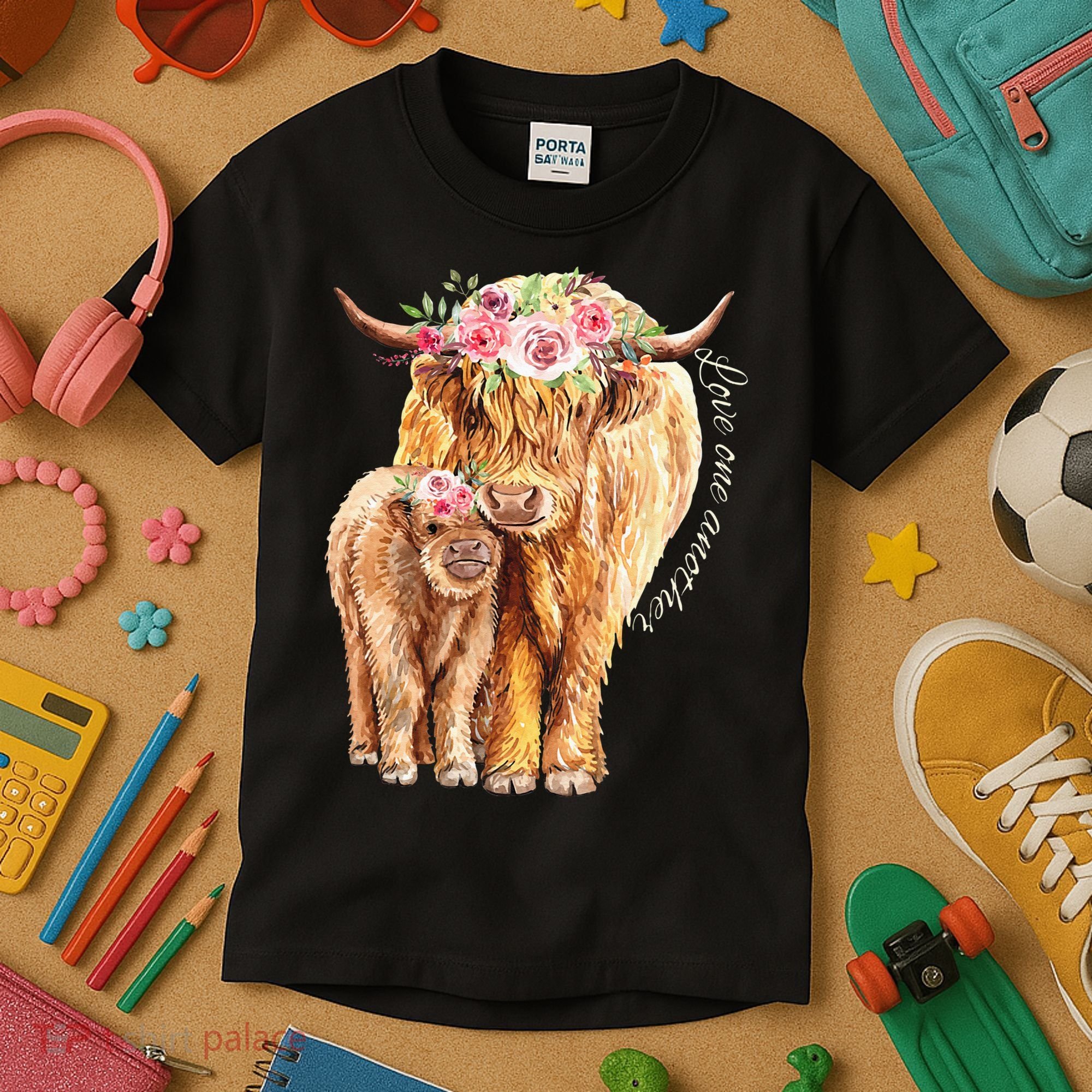 Highland Cattle Lover Cow Calf Farm Love One Another Cute Kids T-Shirt