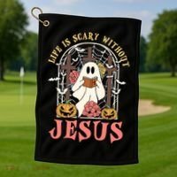 Halloween Christian Life Is Scary Without Jesus Lover Groovy Cute Gift Golf Towel thumb 1