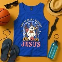 Halloween Christian Life Is Scary Without Jesus Lover Groovy Cute Gift Tank Top thumb 4