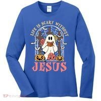 Halloween Christian Life Is Scary Without Jesus Lover Groovy Cute Gift Women's Long Sleeve Shirt thumb 0