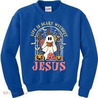 Halloween Christian Life Is Scary Without Jesus Lover Groovy Cute Gift Kids Sweatshirt thumb 0